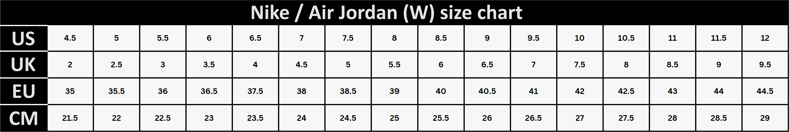 Air Jordan Nike - size chart W